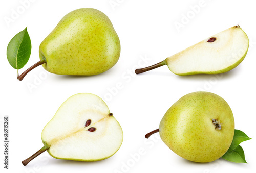 Pear collection. Pear with clipping path isolated on a white background. Fresh organic fruit. Full depth of field