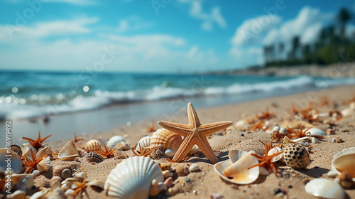 Two starfish and shells on an empty beach, in the style of exotic fantasy landscapes