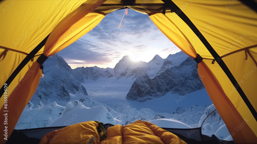 camp in the Everest mountains during sunrise 