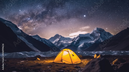 tent in the Everest mountains at night and the milky way landscape