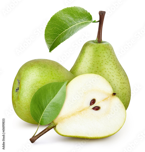 Pears Clipping Path. Pears with green leaf isolated on white background. Pears macro studio photo