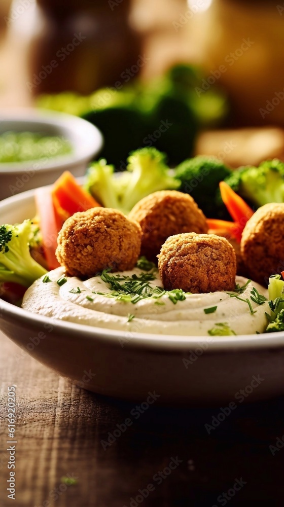 Fried falafel balls with vegetables and hummus in bowl on dark background. AI generated Fried falafel balls with vegetables and hummus in bowl on dark background. AI generated