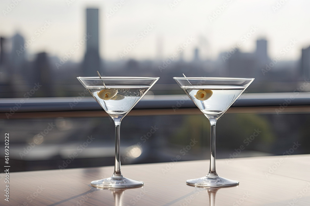 Two glasses of martini with olives on the terrace. Roof bar with city view. Generative AI Two glasses of martini with olives on the terrace. Roof bar with city view. Generative AI
