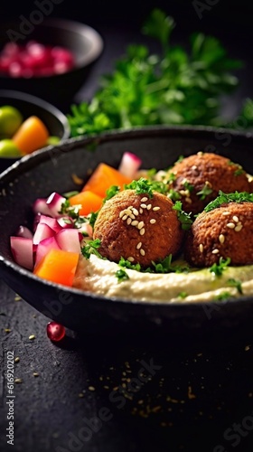 Fried falafel balls with vegetables and hummus in bowl on black background. AI generated