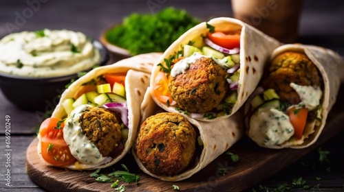 Falafel wraps with greens, vegetables and sause, wooden board. AI generated