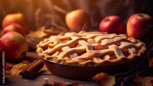  Freshly baked Apple pie on autumn wooden background. Top view. Copy paste space. Toned image.  AI generated