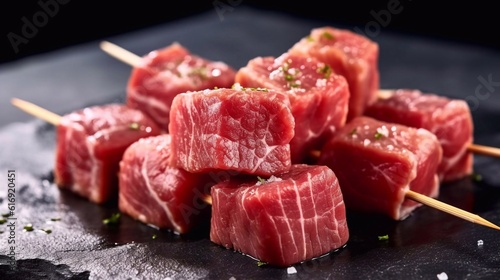  Close up of Fresh raw beef meat skewers for shish kebab on black stone background. Top view.