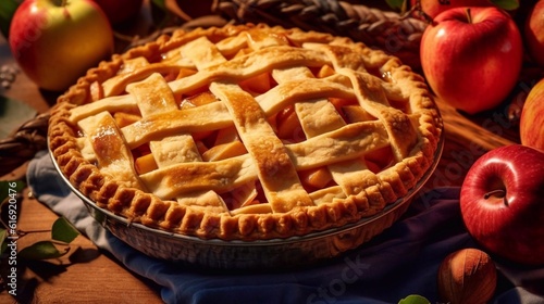  Freshly baked Apple pie on autumn wooden background. Top view.  AI generated