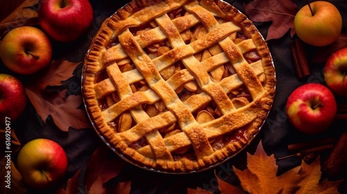  Freshly baked Apple pie on autumn wooden background. Top view. AI generated