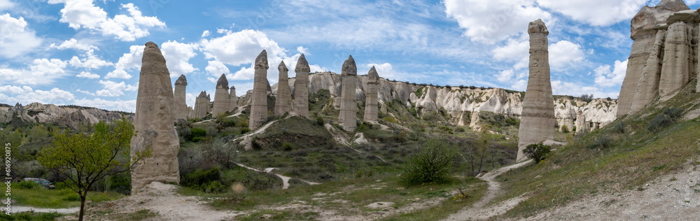Large panoramic view of Love Valley - a valley in Goreme Historical National Park, Cappadocia, Turkey