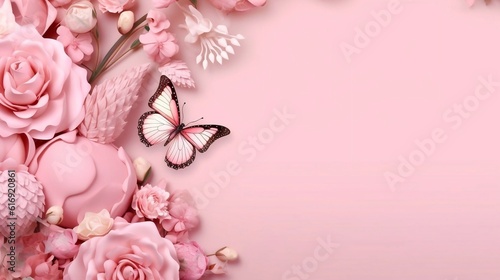 Beautiful  Pink  flowers and butterfly on a pink background.Floral trendy abstract background. AI generated