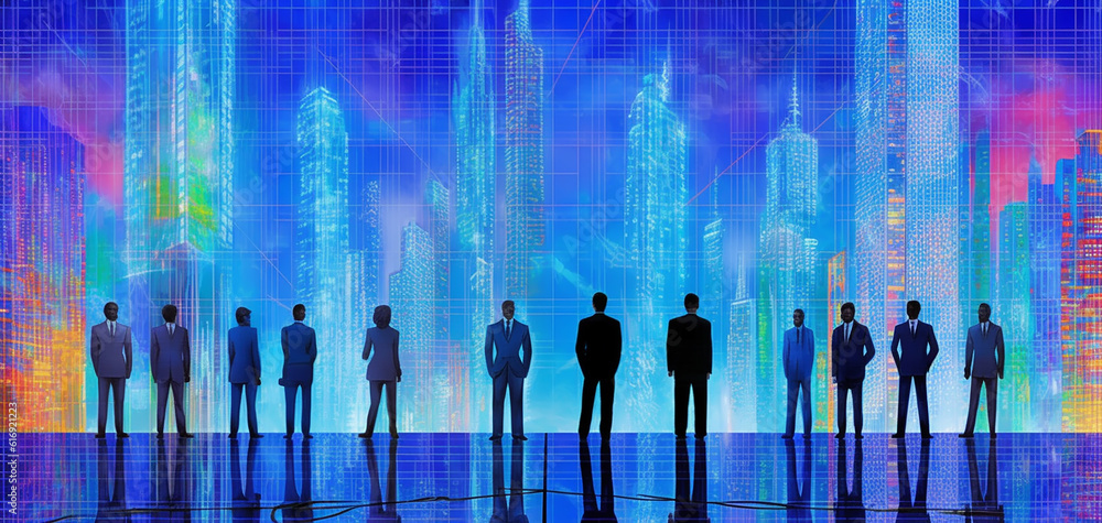 the concept of business, silhouettes of businessmen against the backdrop of a megalopolis. Generative AI the concept of business, silhouettes of businessmen against the backdrop of a megalopolis. Generative AI
