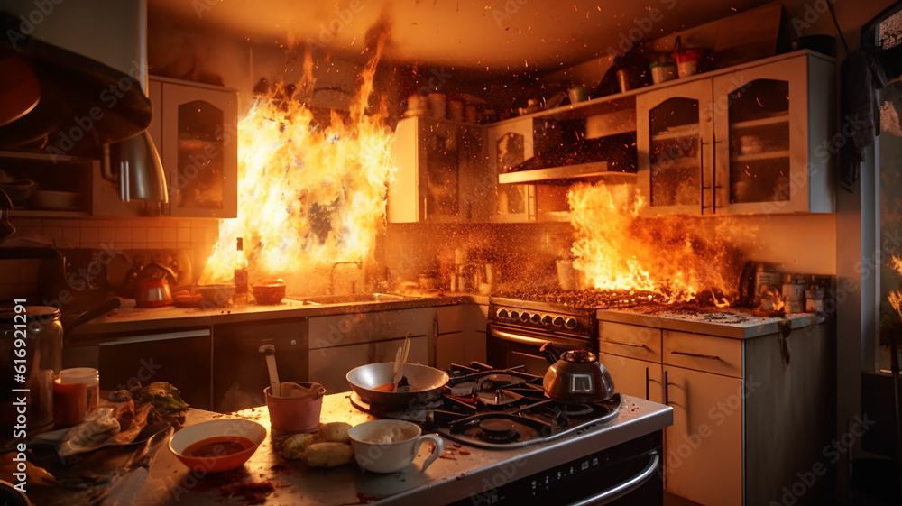 a fire in the kitchen. burning room interior trouble problem. Generative AI