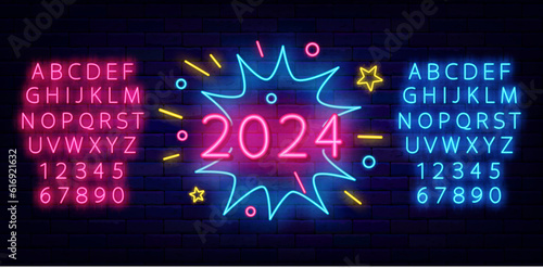 2024 neon label. Colorful firework frame. Explosion shape. Bright pink and blue alphabet. Vector stock illustration