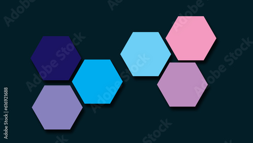 Abstract geometric hexagons colourful shapes isolated dark blue background for graphic design, science and medicine concept, illustration backdrop, cyan, blue, violet, pink