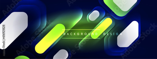 Glowing neon geometric elements abstract background. Neon light or laser show, electric impulse, power lines, techno quantum energy impulse, magic glowing dynamic lines