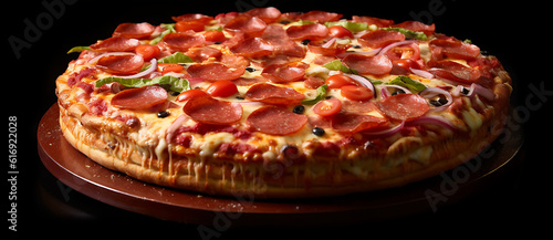 there is a pepperoni pizza on a plate Generated by AI