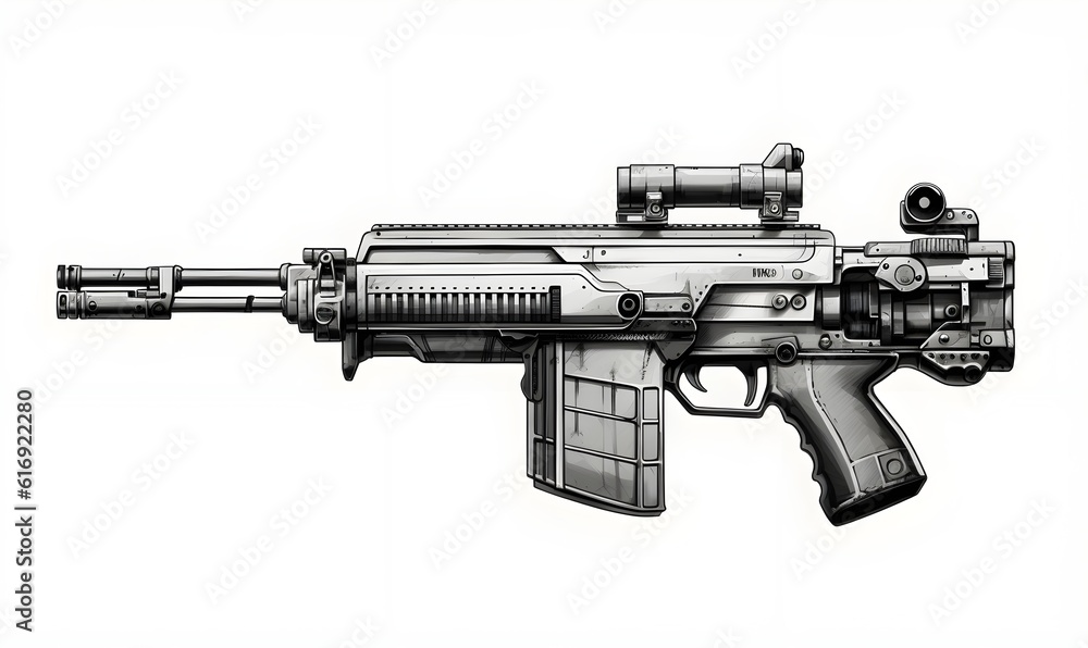 gun, white background, black and white, style in illustration gun, white background, black and white, style in illustration