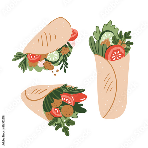 Vector chicken, vegetables roll, fast food meal. Doner kebab, shawarma flat cartoon illustration isolated on a white background. Arabic, eastern food, hand drawn image. Buritto, taco - mexican food.