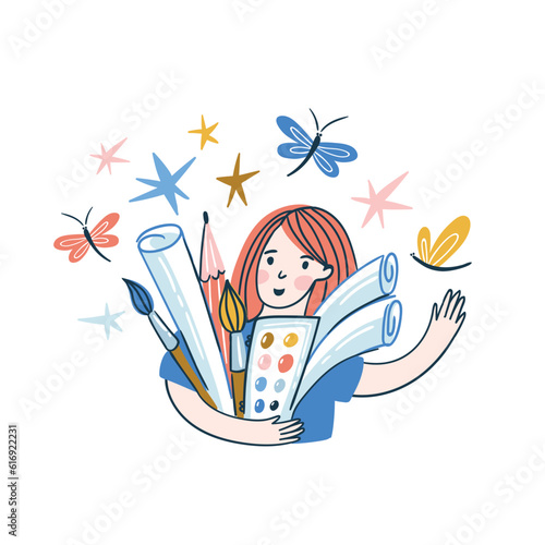 Pupil of art school with art tools. Graphic designer or illustrator. Creativity work in home. Young woman busy with creative work. Vector card. 