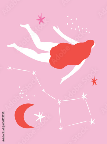 Vector illustration with girl in cosmos. Magic and mystical interior poster. Esoteric concept. Simple and stylish hand-drawn illustration.