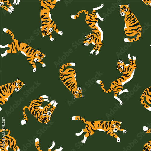 Vector seamless pattern with tigers isolated on dark khaki background. Animal background for fabric or wallpaper boho design.