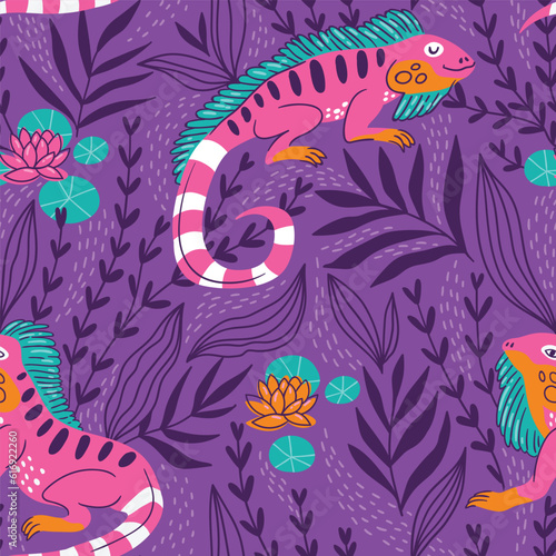 Vector animal seamless pattern with iguana in hand-drawn style. Exotic repeat background in pink and violet colors. 