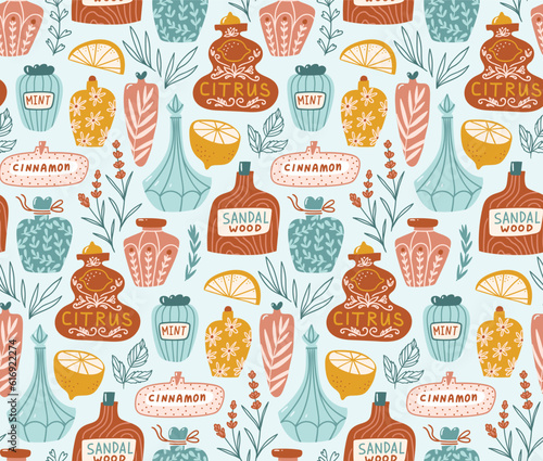 Vector aromatherapy seamless pattern. Essential oils and plants in hand-drawn style. Repeat background fabric design. 