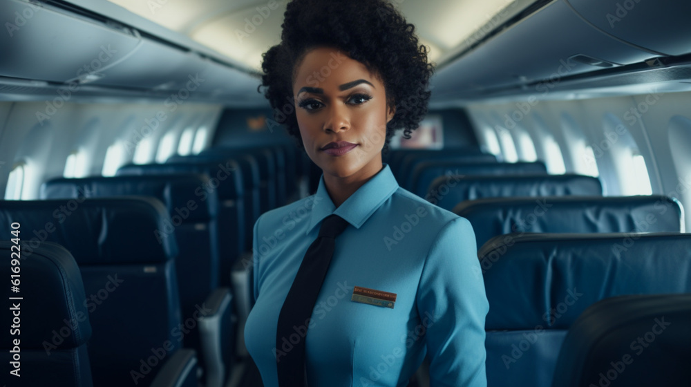 Illustration, AI generation. African American female flight attendant in a blue uniform. Illustration, AI generation. African American female flight attendant in a blue uniform.