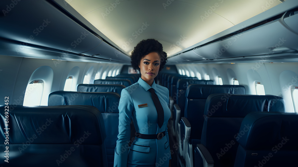 Illustration, AI generation. African American flight attendant in the cabin of a passenger plane. Illustration, AI generation. African American flight attendant in the cabin of a passenger plane.