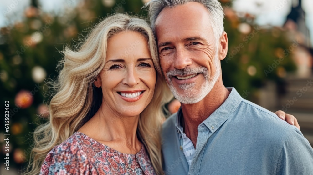 Portrait of happy european couple looking at camera in the city. Portrait of smiling couple standing in street, lifestyle. Cheerful caucasian couple embracing each other. AI Generated.