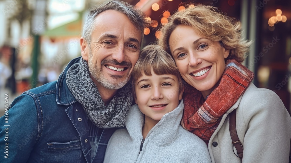Beautiful, happy European family with a kid. Joyful caucasian couple with a small kid in an urban lifestyle. Portrait of a cheerful family looking at the camera and smiling. AI Generated Beautiful, happy European family with a kid. Joyful caucasian couple with a small kid in an urban lifestyle. Portrait of a cheerful family looking at the camera and smiling. AI Generated