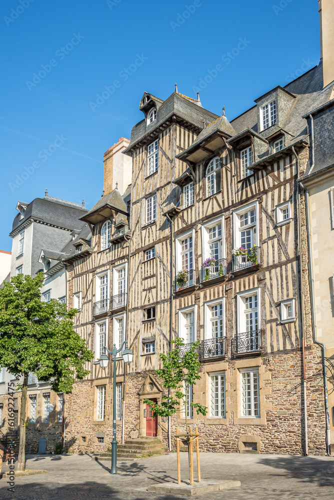 View at the Timbered buildings in the streets of Rennes - France