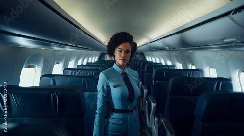 Illustration, AI generation. African American flight attendant in the cabin of a passenger plane.