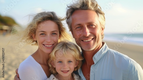 Beautiful, happy European family with a kid on the beach. Joyful Caucasian couple with a small kid on summer vacation. Portrait of a cheerful family looking at the camera and smiling. AI Generated © Valua Vitaly