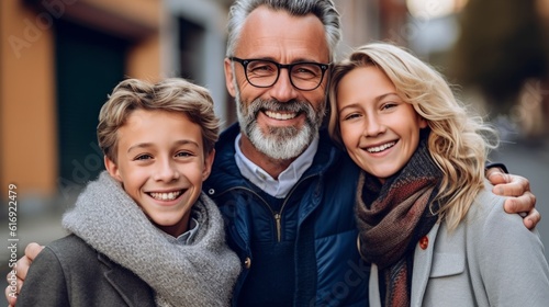 Beautiful, happy European family with a kid. Joyful caucasian couple with a small kid in an urban lifestyle. Portrait of a cheerful family looking at the camera and smiling. AI Generated