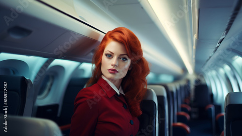 Illustration, AI generation. female flight attendant with red hair in a burgundy uniform.
