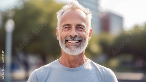 Senior man smiling at the camera outdoors. Close-up portrait of a laughing handsome European man in the city. Middle-aged Caucasian man walking in a city. AI Generated