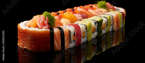 a set of sushi rolls arranged in a diagonal row Generated by AI