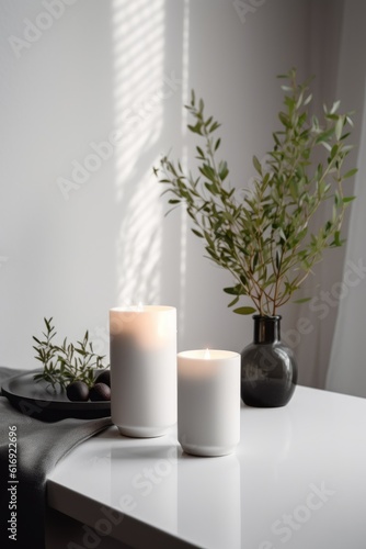 Aroma candle on the table. Warm aesthetic composition with dry flowers. Cozy home comfort, relaxation and wellness concept. Interior decoration mockup