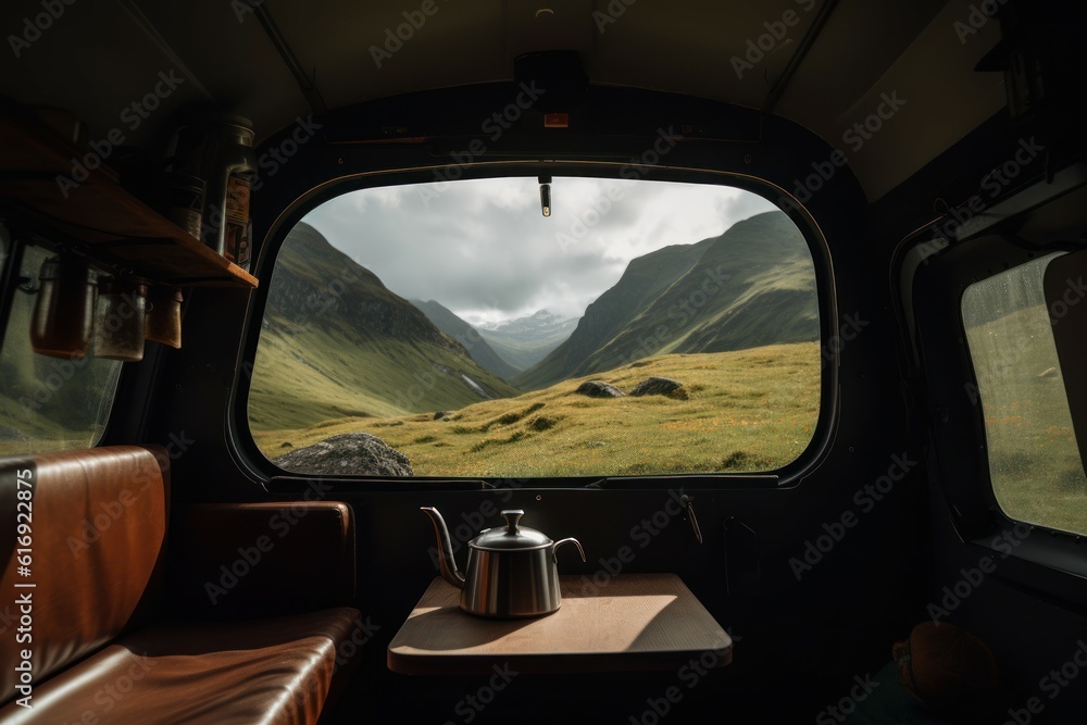 Campervan mountain view landscape. Generate Ai