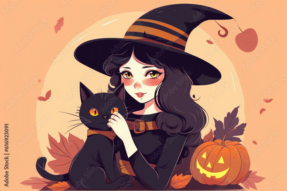 Halloween witch with black cat illustration, Generative AI