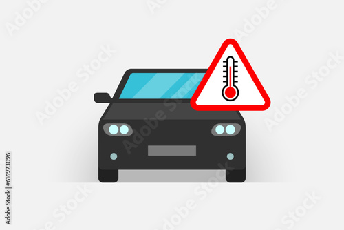 Car and thermometer showing high temperature on warning triangle sign