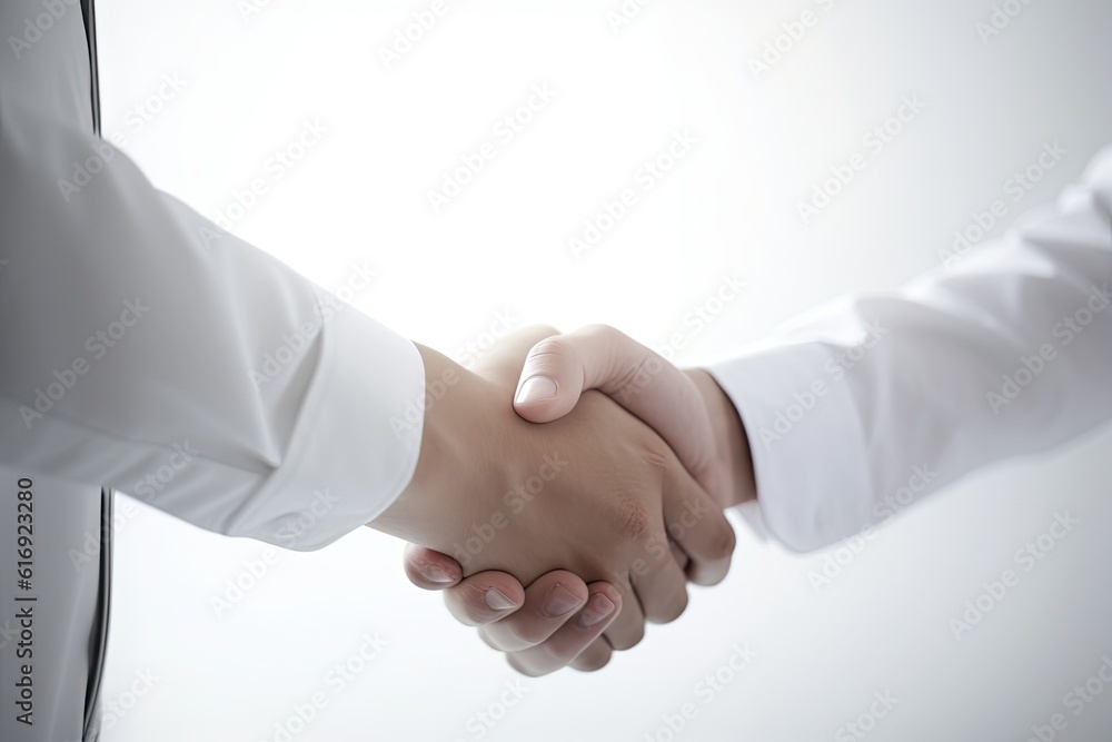 Close-up of a handshake of two businessmen in white shirts on a light background. Generative AI Close-up of a handshake of two businessmen in white shirts on a light background. Generative AI