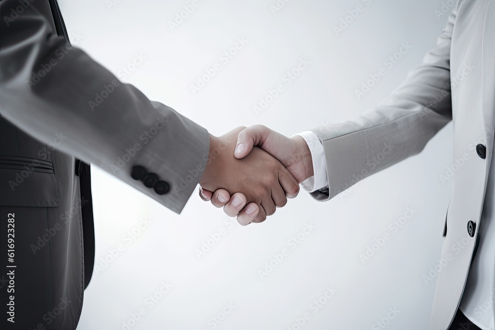 Handshake of two businessmen in business suits on a light background. Generative AI Handshake of two businessmen in business suits on a light background. Generative AI