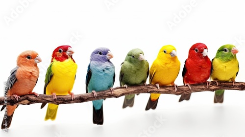 Close-up small colorful tropical birds sit on a branch isolated on white background. Generative AI