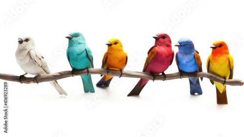 Several small colorful tropical birds sit on a branch isolated on white background. Generative AI
