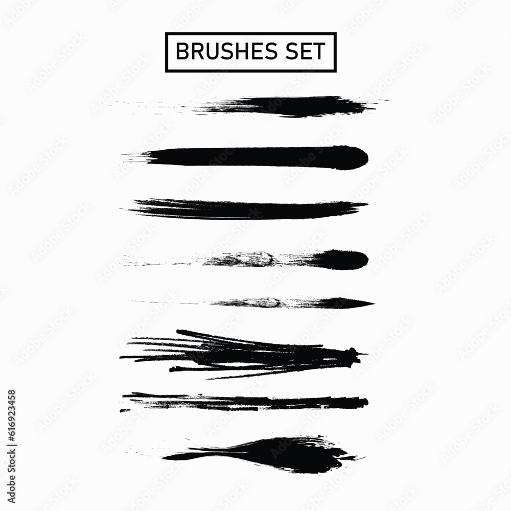 Big collection of black paint, ink brush strokes, brushes, lines, grungy. Dirty artistic design elements, boxes, frames. Vector illustration. Isolated on white background. Freehand drawing.