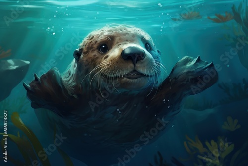 Otter underwater swim. Generate Ai