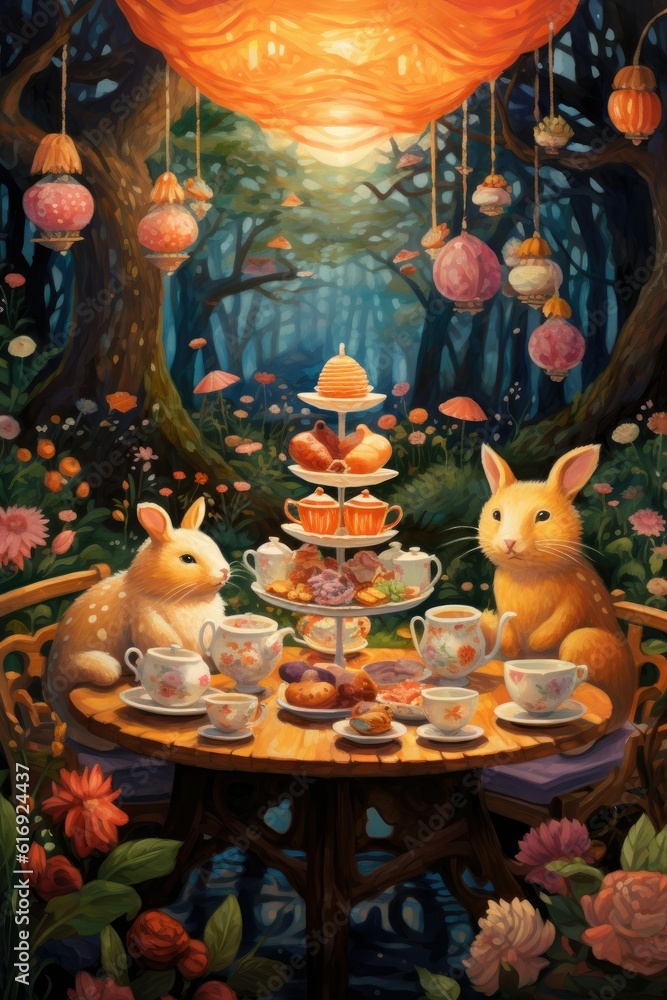flat art image of an enchanting tea party in a whimsical garden Generative Al flat art image of an enchanting tea party in a whimsical garden Generative Al